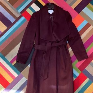 Aubergine wool-blend wrap style coat